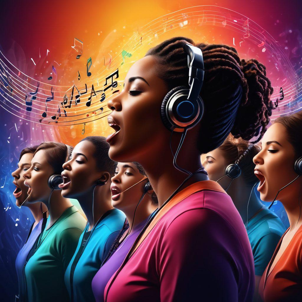 A dynamic illustration of a diverse group of individuals engaged in vocal training, surrounded by sound waves and phonetic symbols. Include elements that represent the transition from phonetics to performance, like microphones and musical notes in the background. The setting should have an inspiring and energetic atmosphere, reflecting the journey of voice modeling. vibrant colors. 3D. abstract art.