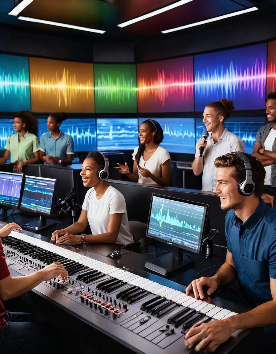 A dynamic scene featuring a diverse group of individuals practicing voice modeling techniques in a modern audio studio. Include high-tech microphones, sound panels, and colorful waveforms displayed on screens. Display individuals of varying backgrounds engaged in expressive communication, with visual representations of sound waves flowing around them. Convey a sense of creativity and collaboration. vibrant colors. super-realistic.