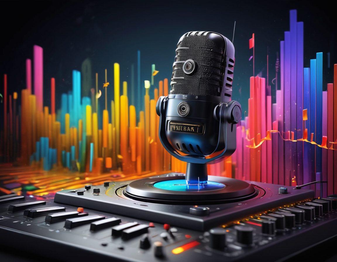 A visually striking soundwave pattern emanating from a vintage microphone at the center, surrounded by musical notes and audio equipment. In the background, a vibrant studio filled with colorful sound panels and recorders, creating a sense of creativity and innovation in audio production. The overall atmosphere is energetic and inspiring, perfect for illustrating the art and science of sound. super-realistic. vibrant colors. 3D.